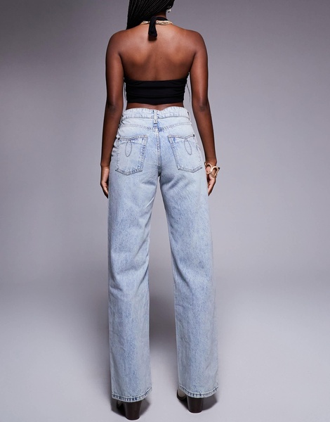 River Island relaxed straight leg jeans with western detail in lightwash blue