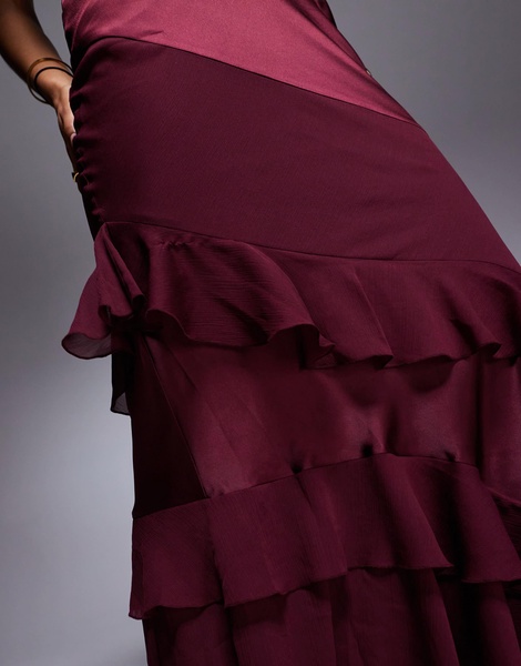 ASOS DESIGN halter satin chiffon mix ruffle hem maxi dress in plum