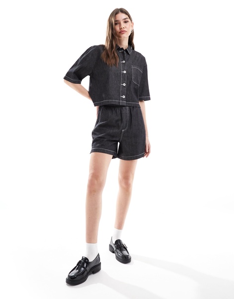 COLLUSION oversized short sleeve lightweight denim shirt with contrast stitch - part of a set