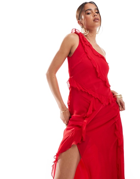 Mango frayed one shoulder midi dress in red