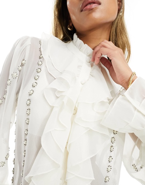 River Island ruffle blouse with embroidered detail in white