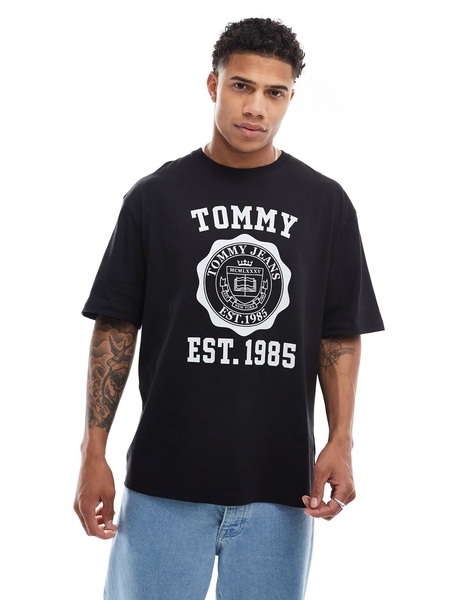 Tommy Jeans oversized crest varsity sports T-shirt in black