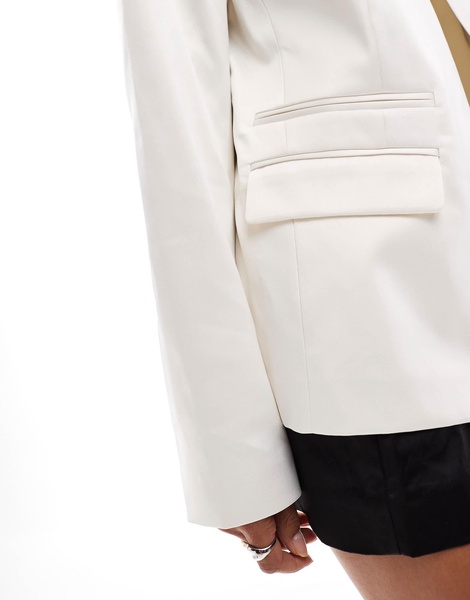 ASOS DESIGN satin collarless blazer in cream