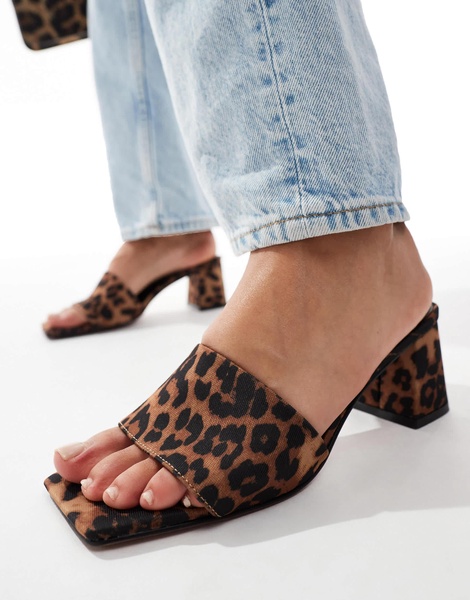 ASOS DESIGN Hundred mid block heeled mules in leopard