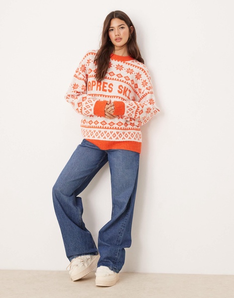 ASOS DESIGN oversized crew neck apres ski sweater with fairisle pattern in red