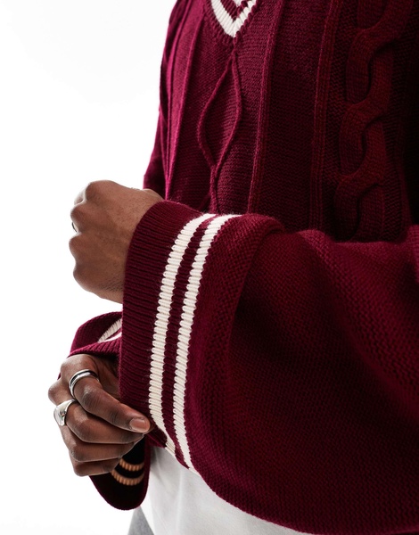 ASOS DESIGN knitted extreme oversized cropped v neck sweater in burgundy with tipping