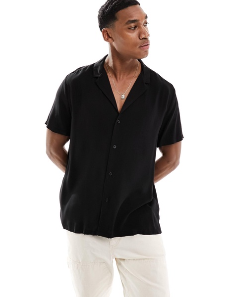 ASOS DESIGN relaxed fit viscose shirt with deep camp collar in black