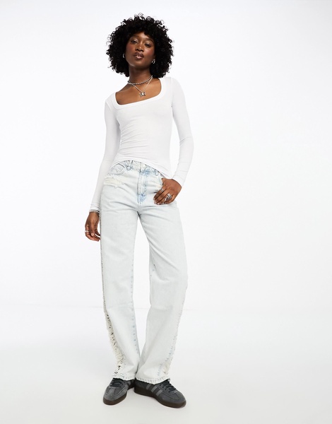 Cotton On ribbed scoop neck long sleeve top in white