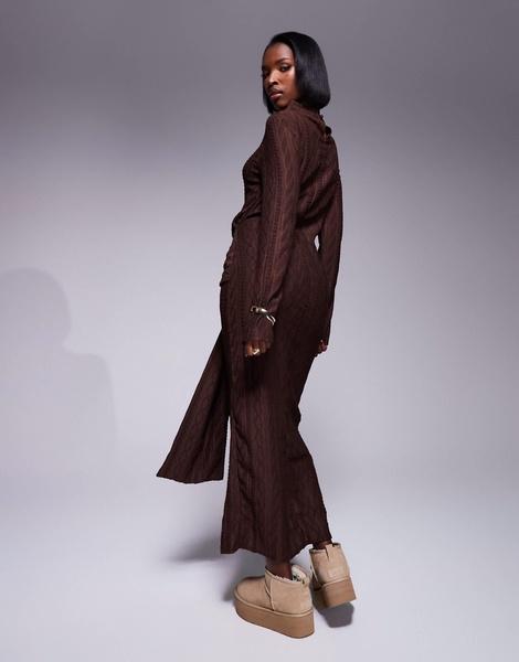 ASOS DESIGN cable knit long sleeve high neck tie waist midi dress in brown