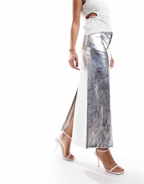 Mango metallic midi skirt in silver