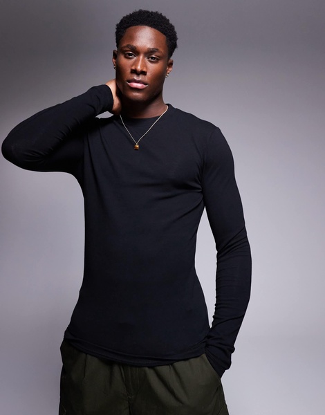 ASOS DESIGN muscle fit long sleeve t-shirt with back neck graphic in black