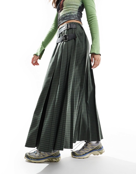 COLLUSION plaid maxi skirt kilt in green