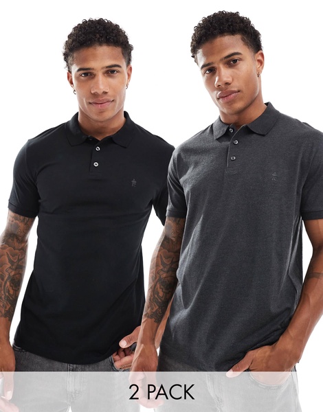 French Connection 2 pack short sleeve polo shirt in black and charcoal