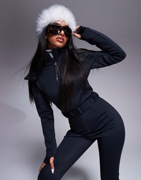 ASOS 4505 Ski belted ski suit with slim kick leg and faux fur hood in black