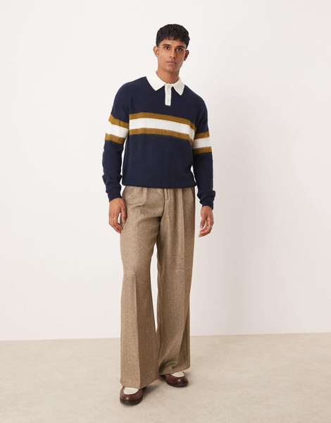 ASOS DESIGN relaxed knitted rugby polo sweater in navy with stripe