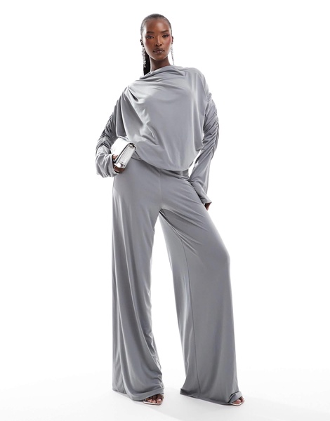 ASOS DESIGN long sleeve ruched wide leg jumpsuit in gray