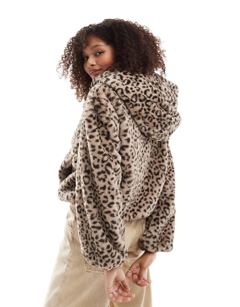 Bershka hooded faux fur jacket in leopard print