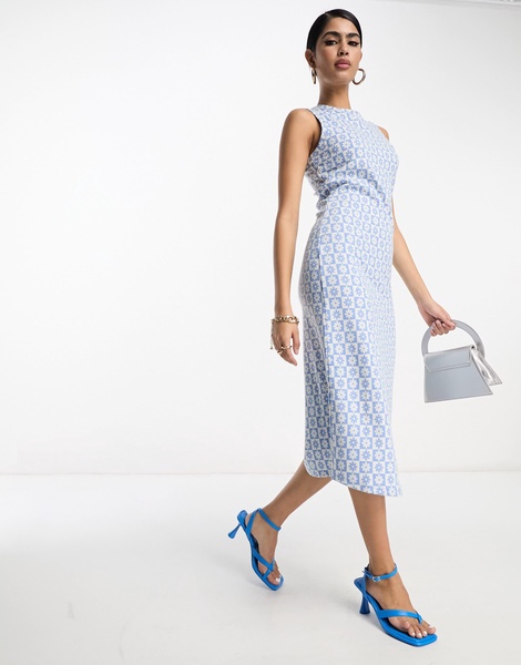 Vila sleeveless midi dress in blue checkerboard floral