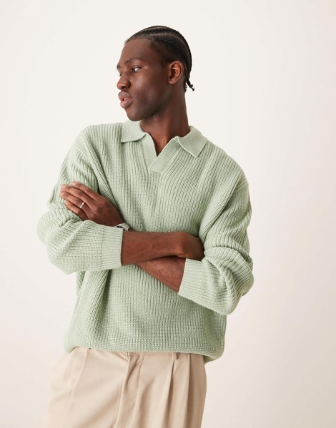 ASOS DESIGN oversized knitted fisherman rib notch neck sweater in sage green