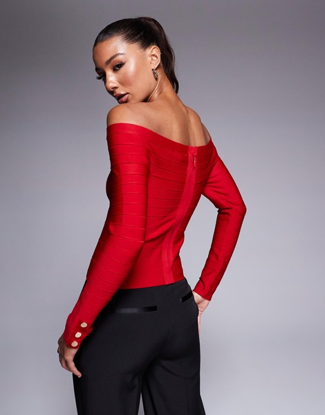 River Island ribbed off the shoulder top in dark red