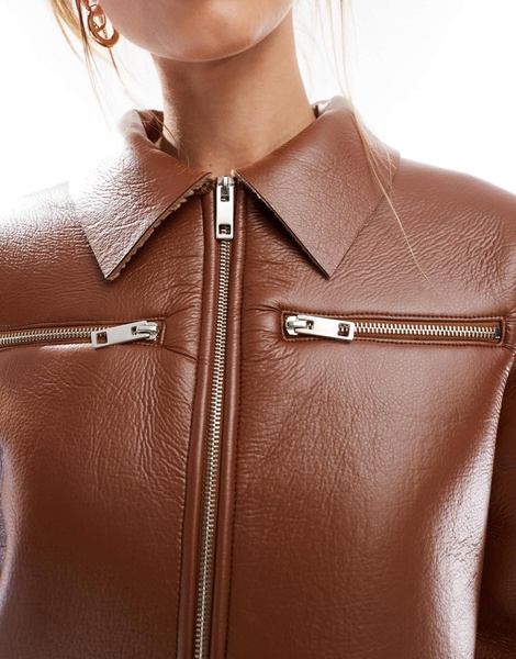 ASOS DESIGN bonded leather look borg harrington jacket in brown