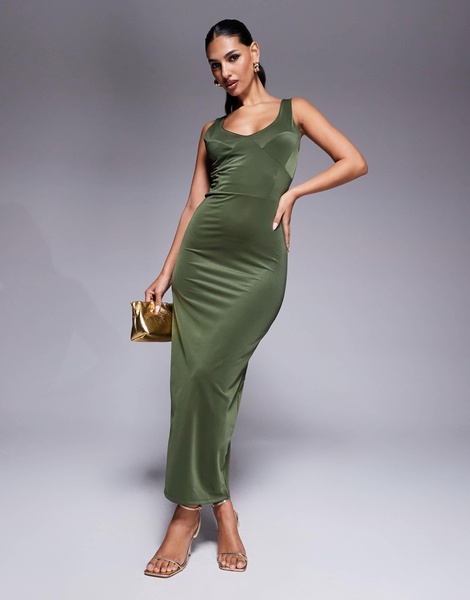 ASOS DESIGN sculpting jersey scoop neck midi dress with bodice detailing in khaki