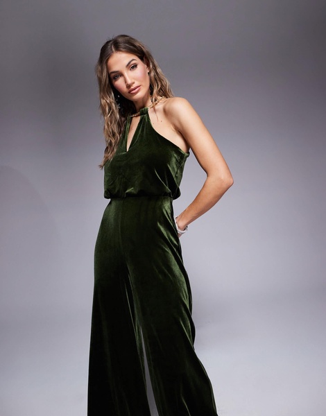 River Island velvet jumpsuit in olive green