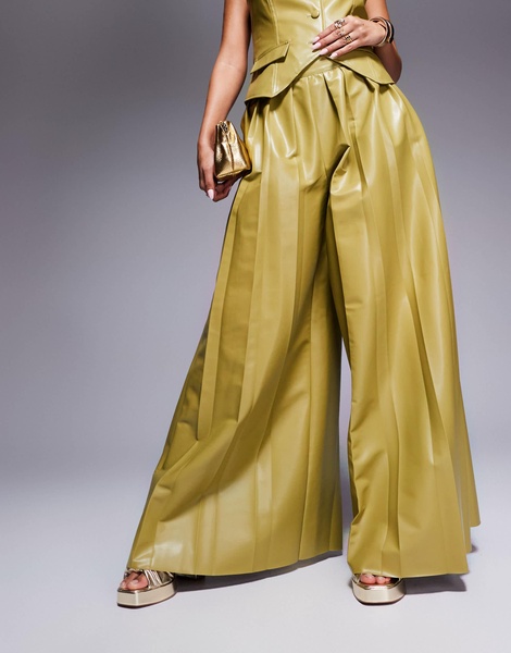 ASOS LUXE PU super wide leg pleated pants in olive - part of a set