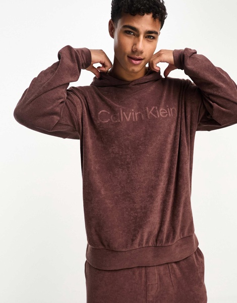 Calvin Klein cozy lounge terrycloth hoodie in deep mahogany