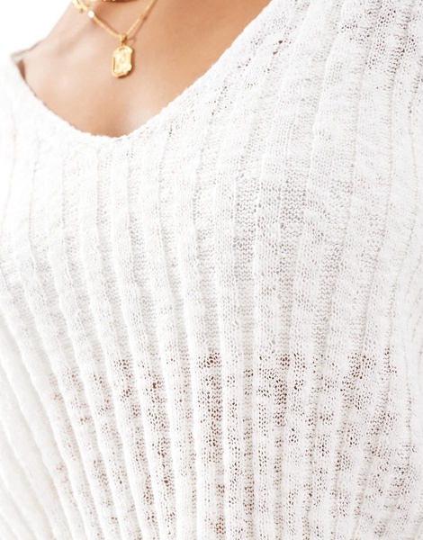 Mango open weave v neck sweater in white