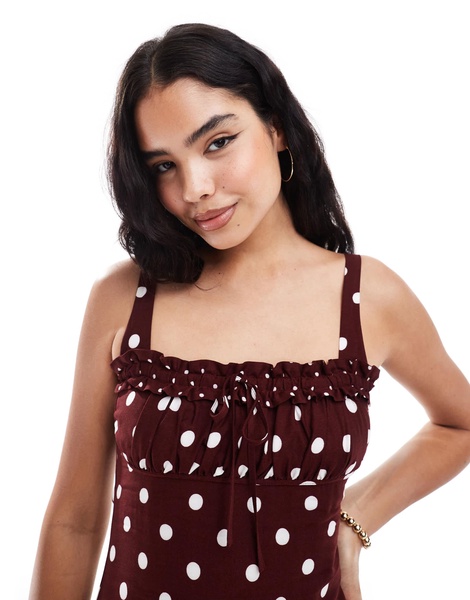 ASOS DESIGN high low ruffle bust spun dress in burgundy spot print