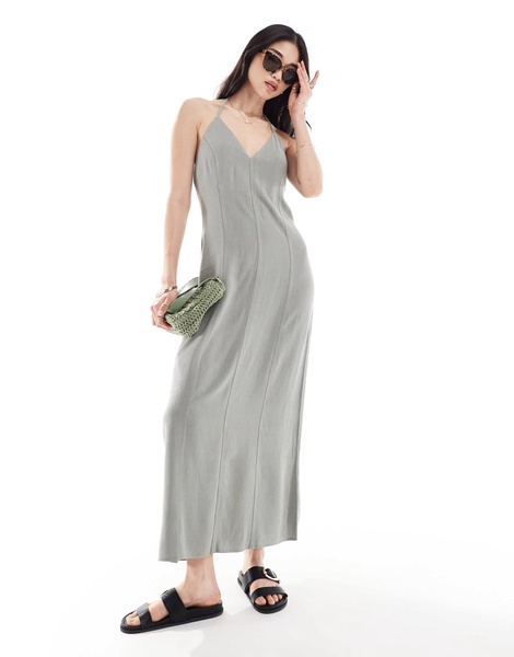 Stradivarius linen blend cami maxi dress in washed khaki