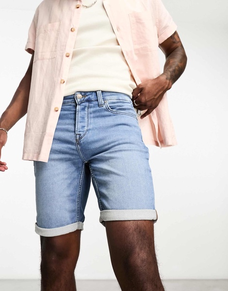 Only & Sons denim shorts in mid blue