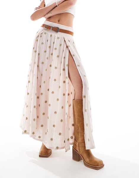 Free People floral print midi skirt with slit in neutral