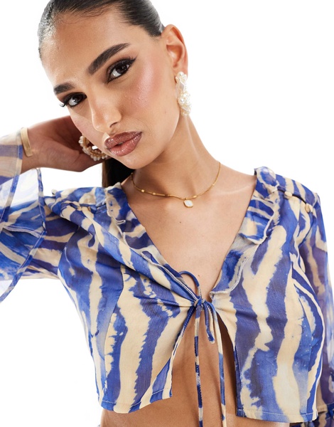 ASOS DESIGN soft ruffle top in blue zebra print - part of a set