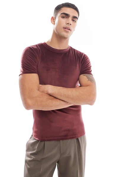 ASOS DESIGN muscle fit t-shirt in burgundy velour