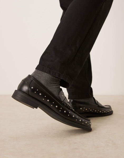 ASOS DESIGN penny loafers in black with silver hardware