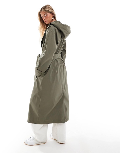 ASOS DESIGN rubberized rain hooded trench coat with belt detail in khaki