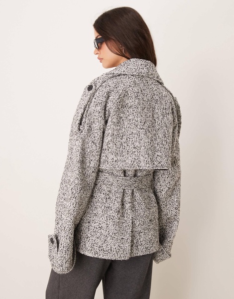 ASOS DESIGN brushed textured belted short formal trench coat in gray