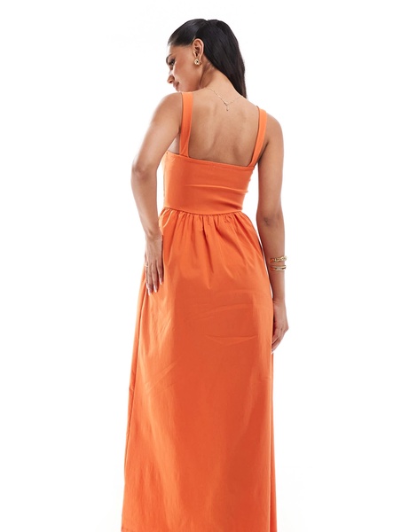 ASOS DESIGN 90s square neck bengaline midi dress with full skirt in orange