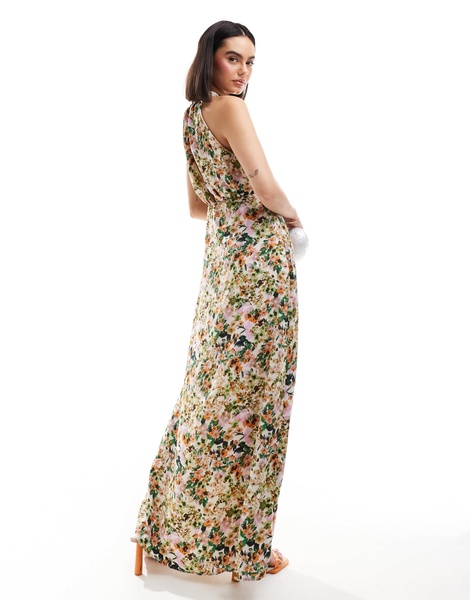 Vila halterneck maxi dress in nautral floral print