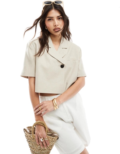 ASOS DESIGN cropped asymmetric blazer with short sleeves in beige