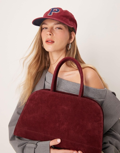 ASOS DESIGN suede bowler tote bag in burgundy