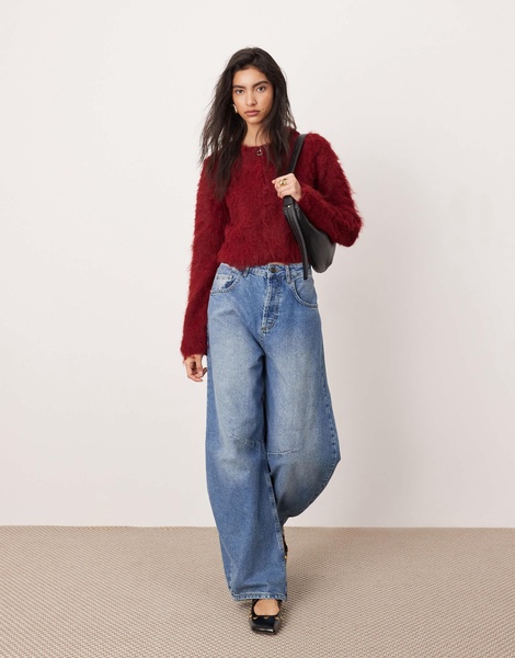 ASOS EDITION fluffy knit zip through cropped cardigan in burgundy