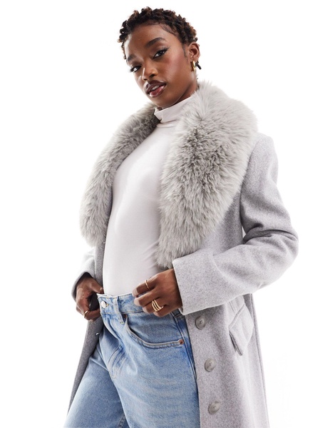 River Island tailored coat with faux fur collar in light gray