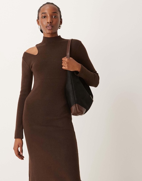 River Island cut out turtle neck midi dress in dark brown