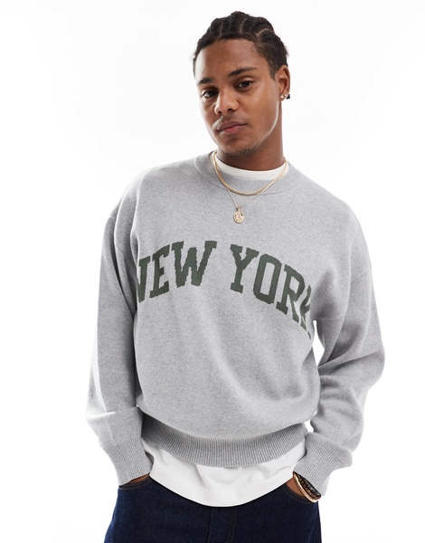 Cotton On knit sweater in gray with New York graphic