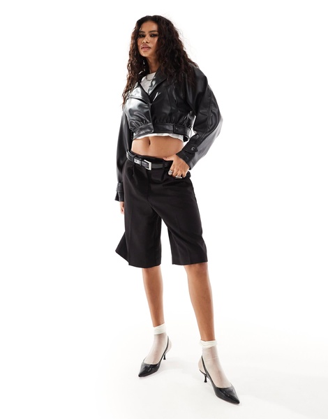 ASOS DESIGN faux leather glam 80s crop jacket in black