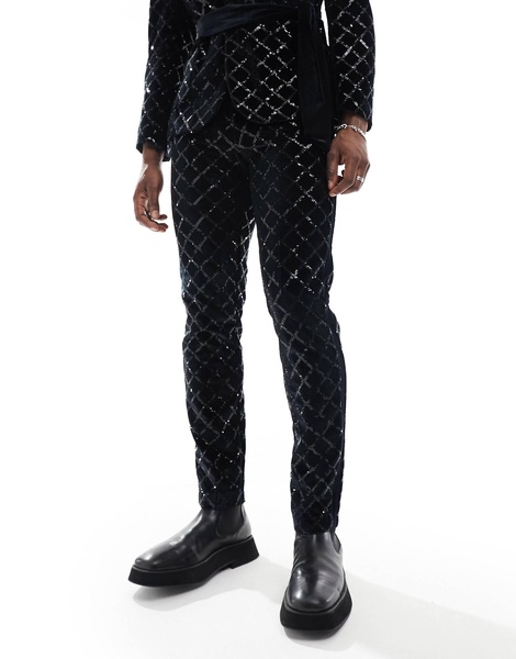 ASOS DESIGN skinny diamond sequin suit pants in black