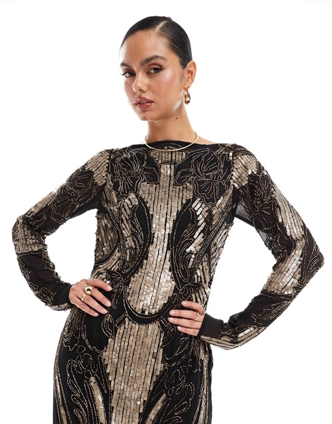 ASOS DESIGN embellished sheer long sleeve column maxi dress with open back in black and gold